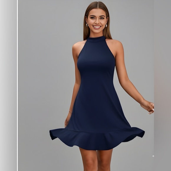Navy Halter Neck Ruffle Hem Swing Dress - Picture 1 of 8